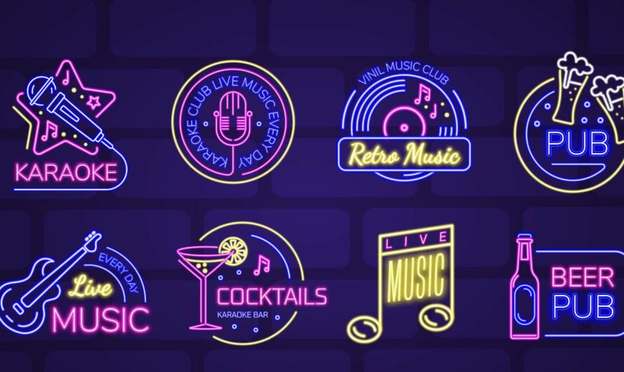A free neon bar, pub, nightclub, live music logo and icon set for PSD download