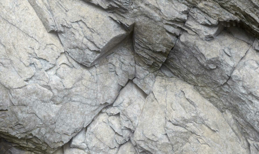 A Free CC0 public domain PBR material texture – rough light grey, white cliff rock with sharp edges, suitable for stone, cliffs, walls, roads, terrain and rocks for use with 3D models, photoshop and blender
