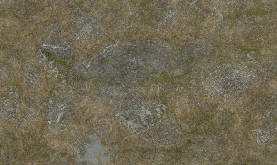 A free CC0 public domain PBR material texture – brown rock, brown cliff, orange rock, rock, stone cliff face with moss for 3D model, photoshop and blender texture